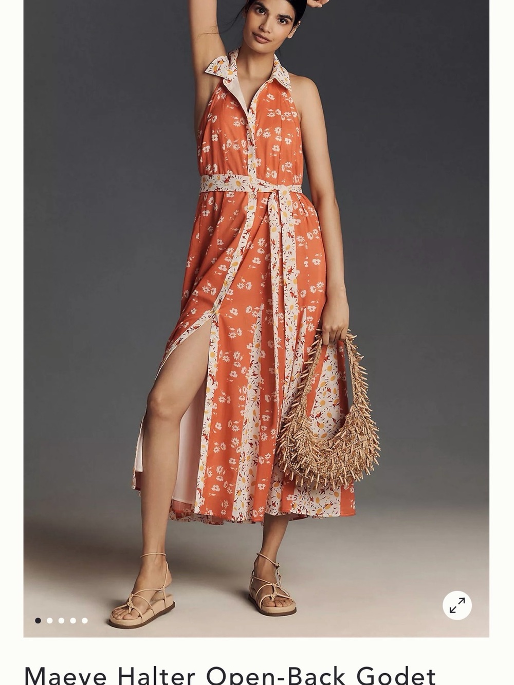 Maeve Coral One-Shoulder Floral Shirtdress with White Trim - Picture 2 of 7